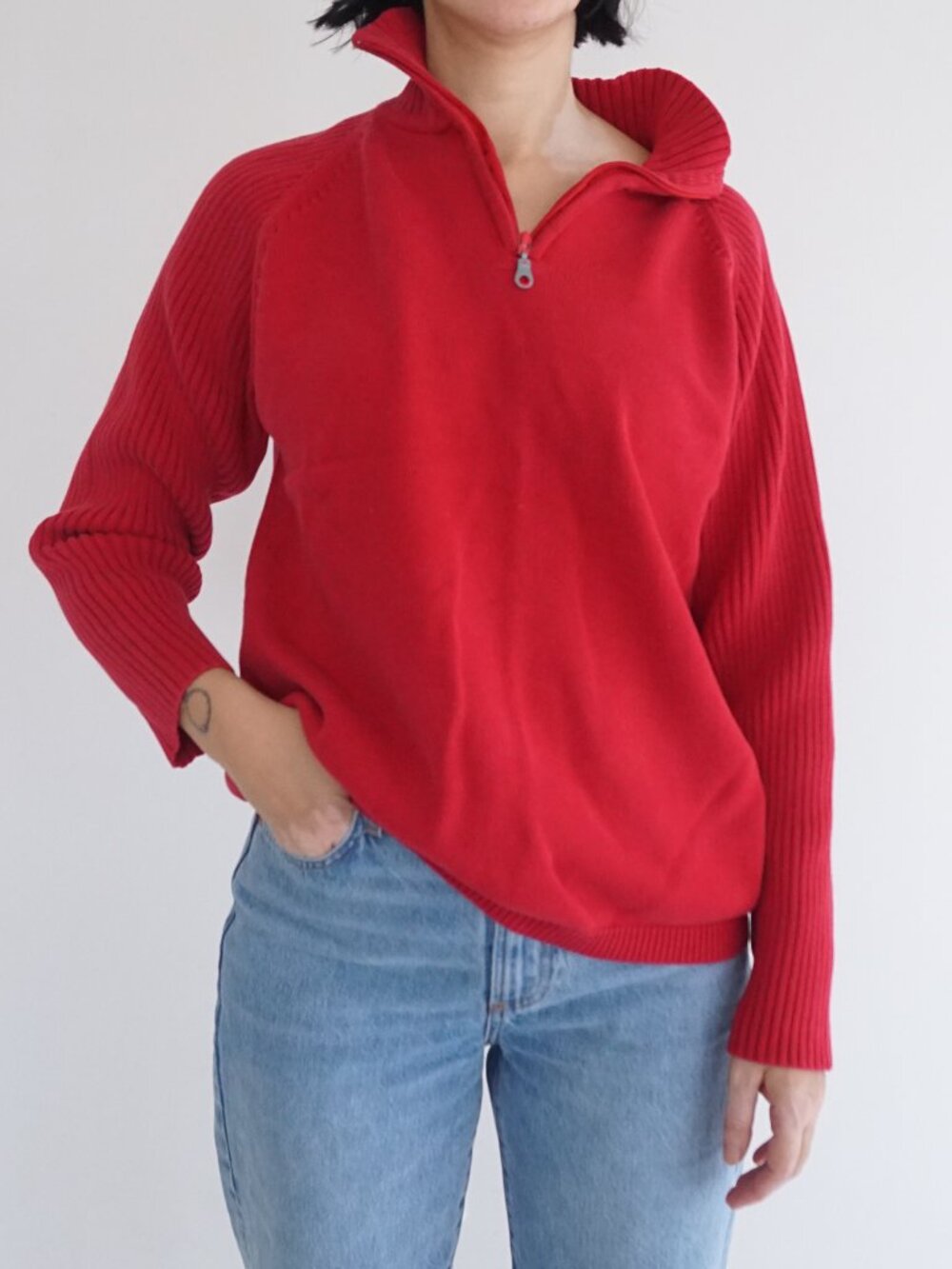 Vintage Dallaird Red Solid Cotton Quarter Zip Knit Sweater Rib Collar Preppy L